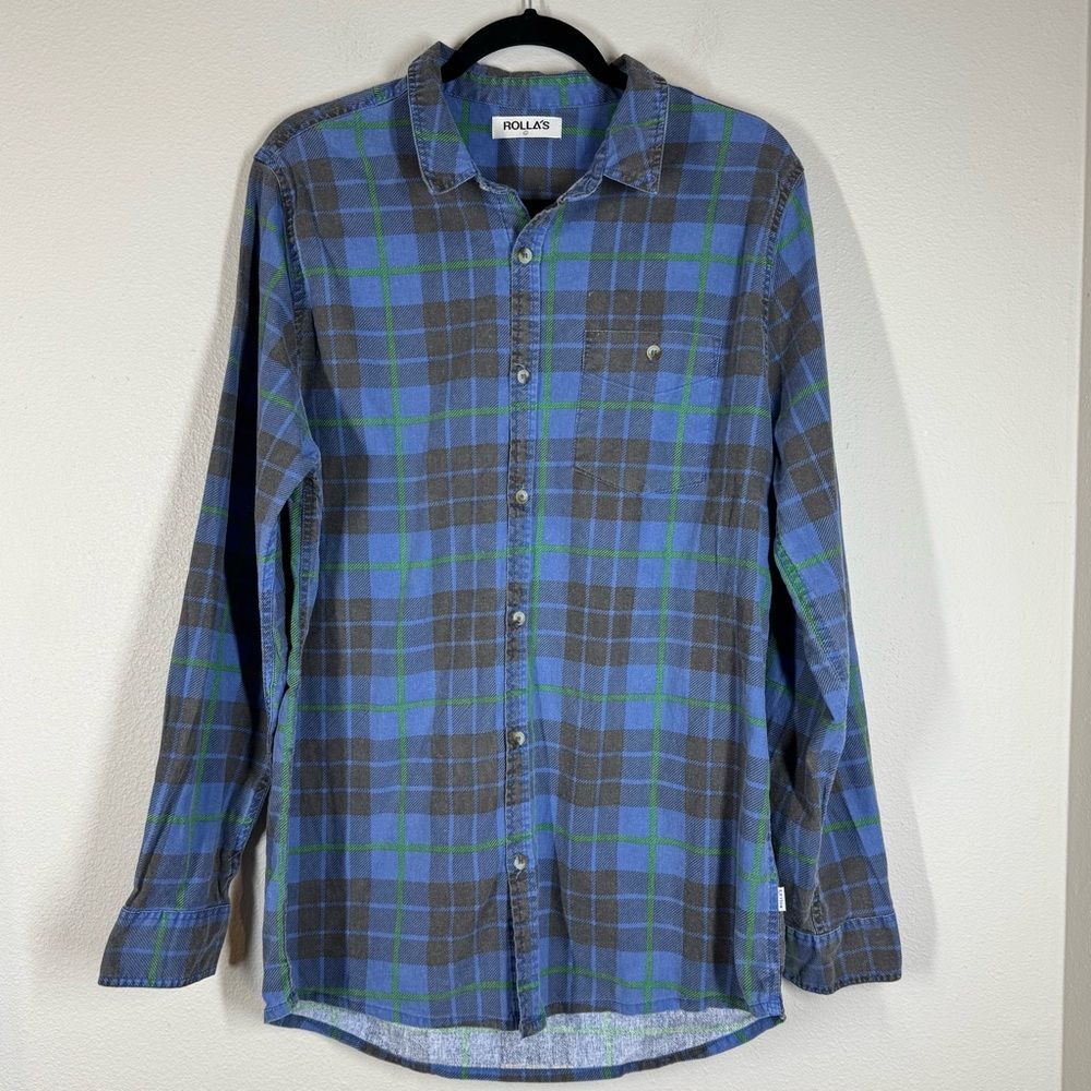 Rolla’s Men’s Plaid Flannel Button Down Shirt Long Sleeve Blue Black Green Large